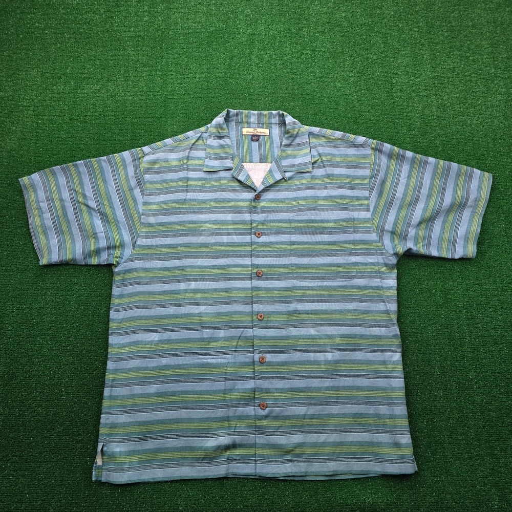 Tommy Bahama Shirt Mens Large Green Striped 100% Silk‎ Hawaiian Camp Vintage